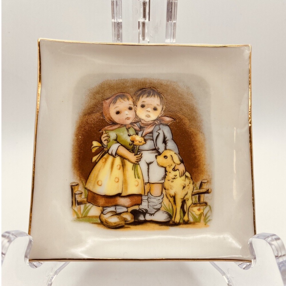 Vintage Goebel Hummel Style Porcelain Plate Trinket Dish Children Dog Lamb Gold